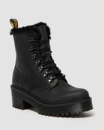 Dr Martens Leona Faux Fur Platform Kožené Čižmy Damske Čierne | 8432-LJDEP